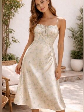 ASTR the Label Floral Smocked Tie Front Spaghetti Strap Midi Dress New!